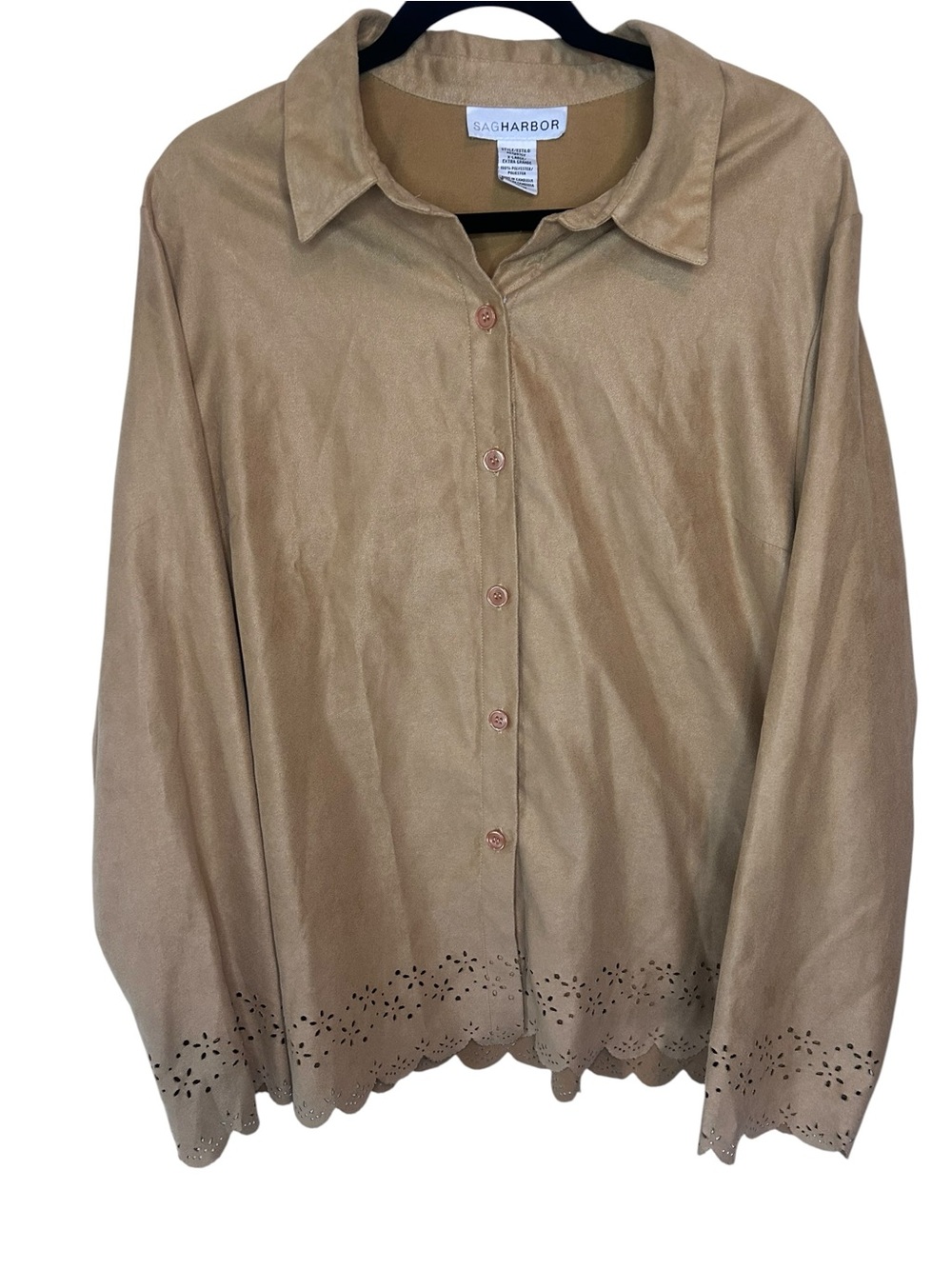 Sag Harbor Women's Camel Button-Front Jacket with Laser-Cut Hem
